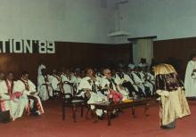 Student bowing down before receiving degree at the 26th Convocation, 1989