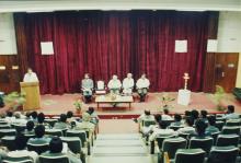 A view of the podium and audience