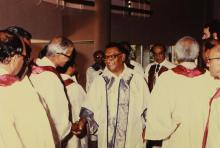 The chief guest greets members of the board of governors and faculty