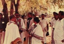 In conversation outside the Student Activities Centre, 1983