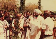 Mr. Giani Zail Singh plants a sapling to commemorate the inauguration of the Student Activities Centre, 1983