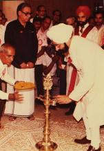 Mr. Giani Zail Singh lights the lamp to inaugurate the 20th convocation, 1983