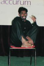 A student performing in a skit at the Accurum event