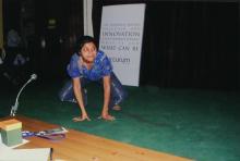 A student performing in a skit at the Accurum event