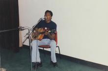 A student participates in a music competition, Saarang 2005