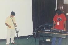 Two students participating in a music competition, Saarang 2005