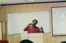 A participant at the microphone, Saarang 2005