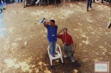 Event coordinators setting up the paraphernalia for an event, 2003