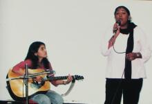 A music competition participant sings at Saarang, 2005