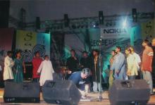 Band members on the Open Air Theatre stage, Saarang 2005
