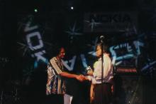 Prof. V. G. Idichandy congratulates a performer, Saarang 2005