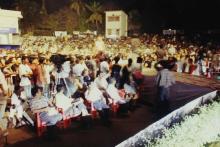 A section of the audience at the OAT during a Saarang evening event