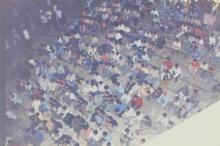 Students seen seated on the OAT steps at a Saarang event