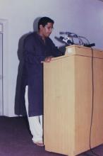 A gentleman addresses the audience during Saarang, 2005