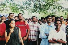 Audience members watch an event at Saarang, 2005