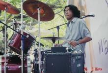 A Music competition participant at the drums, Saarang 2005