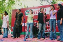 A group participates in a music event at Saarang 2005