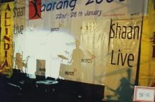 The shadow of a drummer falls on the screen behind the stage, 2003