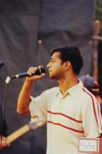A vocalist at an event during Saarang, 2003