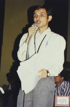 A student addresses the audience at Saarang 2003