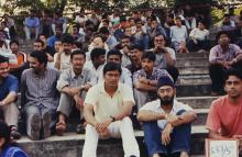 Students photographed at the Open Air Theatre during an event at Saarang 2003