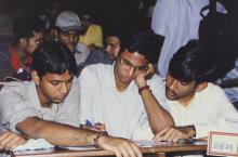 Students photographed while participating in a competition at Saarang 2003