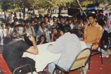 Three participants at an event at Saarang 2000