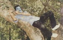 A student poses on a tree after having his face painted