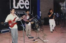Participants perform with their band at the Open Air Theatre during the Saarang 2000 cultural event