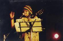 The vocalist of the headlining band at the ‘Fusion Nite’ event performing at Saarang 2000