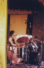 The drummer  of the headlining band  of the ‘Fusion Nite’  event performs at Saarang 2000