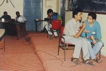 Students participating in an event that appears to be a skit at Saarang 2000 