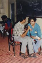 Students participating in an event that appears to be a skit at Saarang 2000