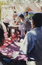 Students participate in an arm wrestling event at Saarang 2000