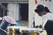 A student participates in an outdoor music event at the Saarang 2000 cultural festival