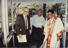 Dr. Gururaj Deshpande is greeted by Profs. A. Swamidurai and C. R. Muthukrishnan at the Special Convocation (2001)