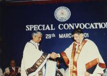 Dr. Gururaj Deshpande shakes hands with Prof. R. Natarajan at the 2001 Special Convocation