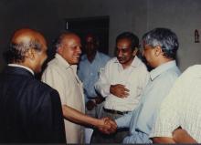 Mr. M. S. Swaminathan shakes hands with Dr. Gururaj Deshpande, Special Convocation (2001)