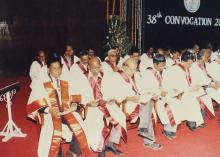 Faculty members follow the proceedings of the 38th Convocation (2001)