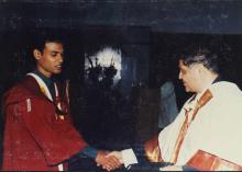 Prof. R. Natarajan congratulates a student who was awarded a degree during the 38th Convocation (2001)