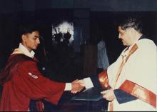 Prof. R. Natarajan congratulates a student while awarding a degree during the 38th Convocation (2001)