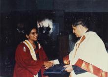 Prof. R. Natarajan congratulates a student who was awarded a degree during the 38th Convocation (2001)