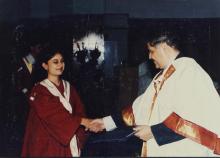 Prof. R. Natarajan congratulates a student receiving a degree at the 38th Convocation (2001)