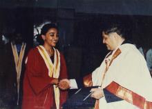 A student receives a degree at the 38th Convocation, 2001