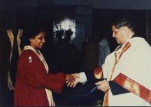 Prof. R. Natarajan congratulates a graduating student during the 38th Convocation (2001)