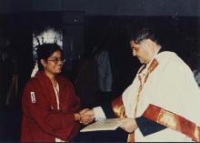 Prof. R. Natarajan congratulates a student who was awarded a degree during the 38th Convocation (2001)