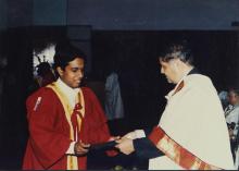 A student is awarded a degree by Prof. R. Natarajan at the 38th Convocation (2001)