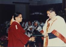 A student receives a degree at the 38th Convocation, 2001