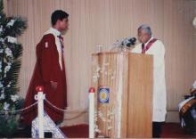 A student waits in line to receive their degree at the 39th Convocation, 2002