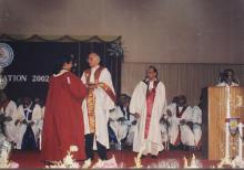 A student receives a degree certificate from Prof. M. S. Ananth at the 39th Convocation, 2002